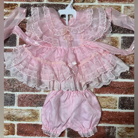 Vintage Cherish Collection pink sheer frilly dress & bloomers Small approx 6-9m - Picture 2 of 3